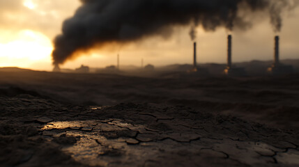 Contrasting the beauty of the sunset with the harsh reality of environmental pollution. Industrial chimneys fill the skyline and dry, cracked land stretches to the horizon.