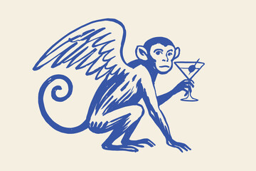 Winged monkey with cocktail naive sketch vector illustration