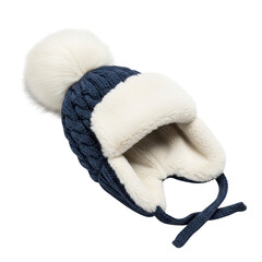 Blue knitted winter hat with white pompom and fur trim knitted hat blue hat
