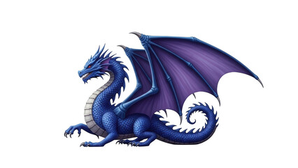 Blue dragon with purple wings on black background mythical creature