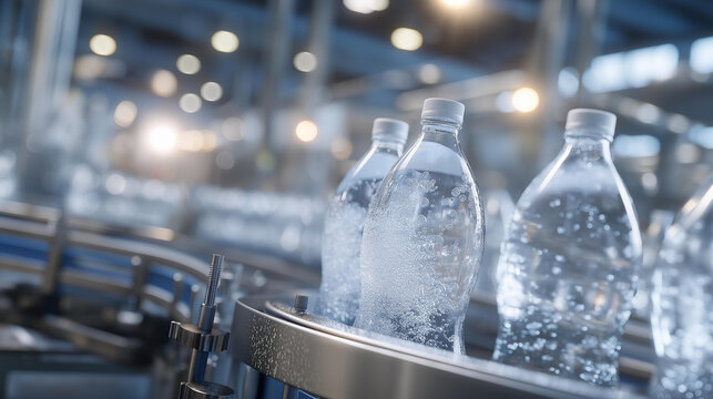 A sparkling-water factory line where CO₂ injectors fizz bottles at high speed, bubbles rising in perfect uniformity under bright industrial lights &mdash; beverage carbonation, precision manufacturing,