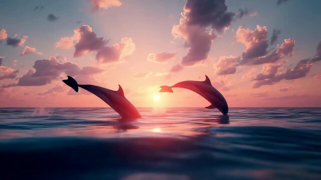 Playful dolphins leaping above calm ocean water at glowing sunset with warm sky colors capturing peaceful marine wildlife moment