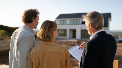 A realtor showing a couple around a newly built suburban home, open-concept living room bathed in warm daylight while construction continues on nearby lots — suburban growth, real estate