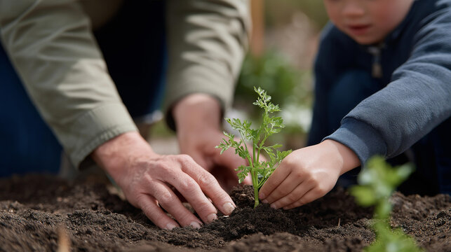 A grandparent teaching a child how to plant seeds in a backyard garden, tiny hands pressing soil gently around sprouting greens &mdash; wholesome intergenerational bonding and nature-connected learning.