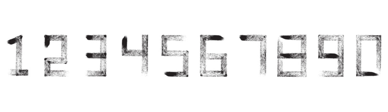 Bold brush drawn grunge numbers. Dirty textured vector numbers. Rough brush strokes.Collection grunge brush drawn numbers from 0 to 9. Dirty painted numbers set. Hand drawn typography vector elements.