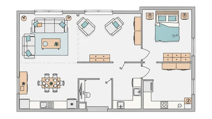Top-Down View of a 2D Furnished Apartment Floor Plan Illustration
