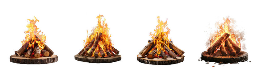 Four burning campfires with flames and logs, showcasing different stages of combustion and intensity isolated on transparent background
