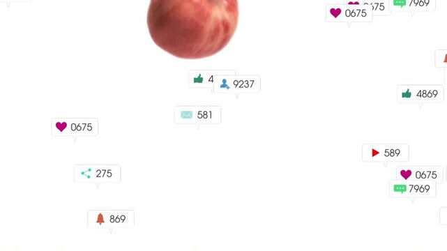 Badges appearing and spreading, apple entering and descending, badges grouping and showing interest
