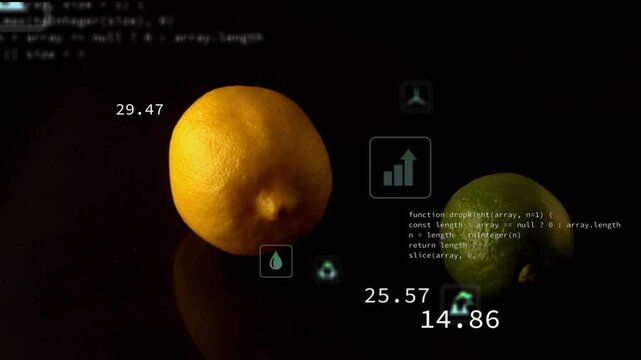 Green icons appearing, starting scan animating lemon and lime on black tabletop numbers updating