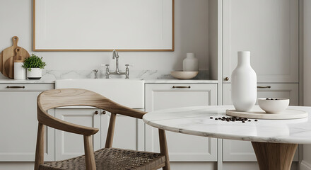 Modern minimalist kitchen dining table with vase and natural light interior design