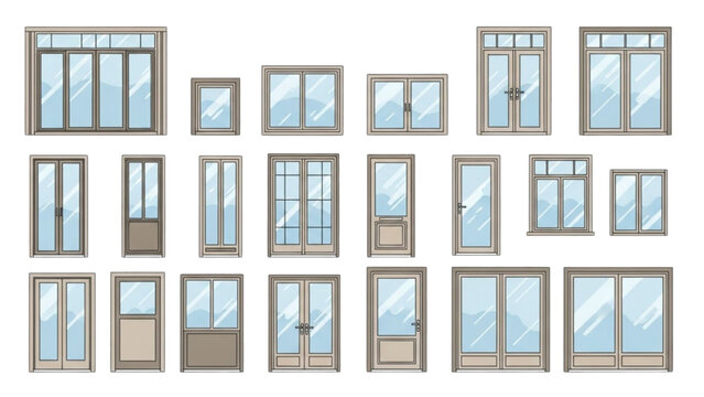 Set of Modern Architectural Windows and Doors. Front View Illustration Collection.