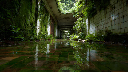 Abandoned Urban exploration Vibe theme. Abandoned hallway overgrown with plants and water reflections.