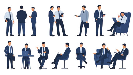 Set of Businessman Illustrations in Various Corporate Poses on Black Background