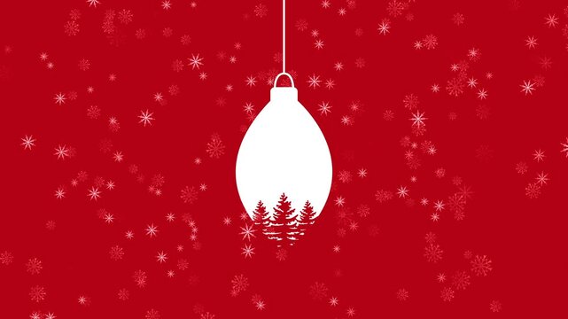 Christmas Background With Hanging Ornament And Falling Snow Red And White. Suitable For Social Media Stories And Holiday Greeting Cards.