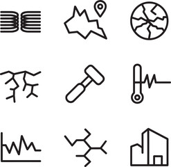 Geology, earthquake, and earth science related thin line icons set