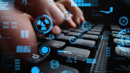 A close-up view of a human hand typing on a sleek black keyboard, surrounded by futuristic digital elements and interactive data visualizations, showcasing modern technology. Xenic