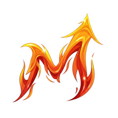 Fiery letter M with upward arrow shape and orange glow fire flame