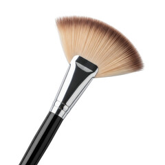 Fan makeup brush with silver ferrule and black handle on black fan brush cosmetic brush