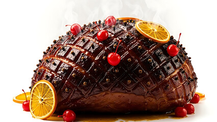 Deliciously glazed holiday ham studded with cloves and garnished with bright maraschino cherries and oranges