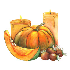 pumpkin, rose hips, and candles, watercolor illustration for design, tableware, textiles, and packaging