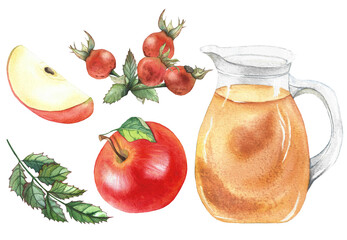 set of watercolor illustrations: rose hips and leaves, apples and a jug, design, packaging, textiles, and dishes