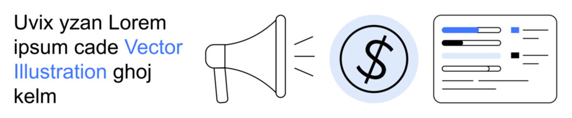 Marketing, advertising, public relations, finance, communication, business strategy. Megaphone emitting sound waves, dollar sign and document with financial details. Marketing and advertising