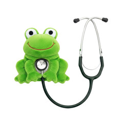 Green plush frog with stethoscope on black background plush toy medical