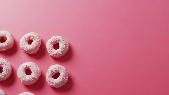 Pink donut cluster staying left while gold confetti bursting from right and drifting over for promo