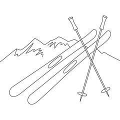 Minimalist ski equipment and mountain landscape outline illustration perfect for winter sports designs