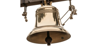 Large brass bell with decorative band hanging from wooden beam and rope ornate