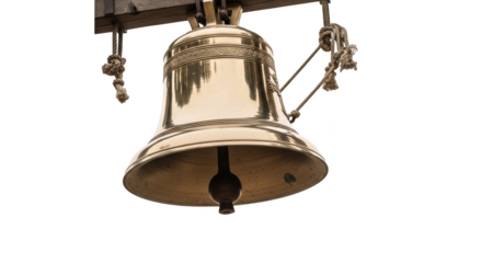 Large brass bell with decorative band hanging from wooden beam and rope ornate