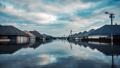 Obraz premium Flooded Residential Street with Rooftops Above Water Under Cloudy Sky