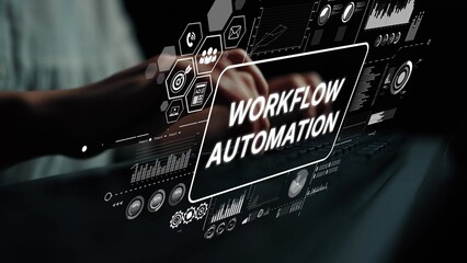 Hands Engaging with Digital Workflow Automation Concept and Data Visualization for Business Efficiency Improvement. Asymptotic smart data analytic.