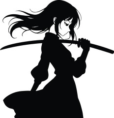 Silhouette of a female warrior holding a katana with flowing hair