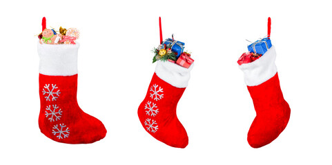 set of santa claus designer sock filled with gifts and presents