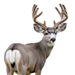 Mule deer buck with large antlers looking over shoulder on black background male deer