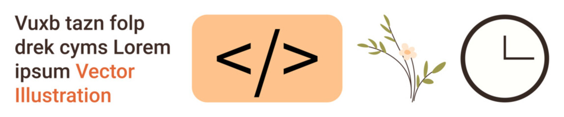 Technology, nature, time management, programming, web development, mindfulness. Coding symbol alongside floral element and clock. Technology and mindfulness ion