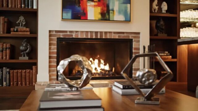 A cozy room featuring a lit fireplace a wooden bookshelf a green chair and a coffee table with decorative items