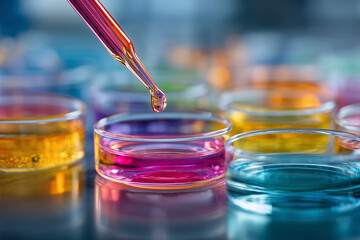 Scientist dropping liquid into petri dish filled with colorful chemical solutions for research