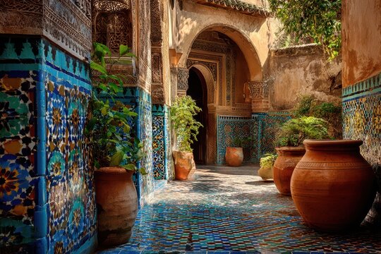 Close-up of intricate turquoise, cobalt, and gold tile patterns in a sunlit courtyard