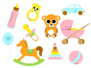 set of children things, toys stickers. various children's items flat objects. Isolated on white background. pacifier,bottle,baby carriage,rocking horse,teddy bear,balloon,ball,pyramid,car