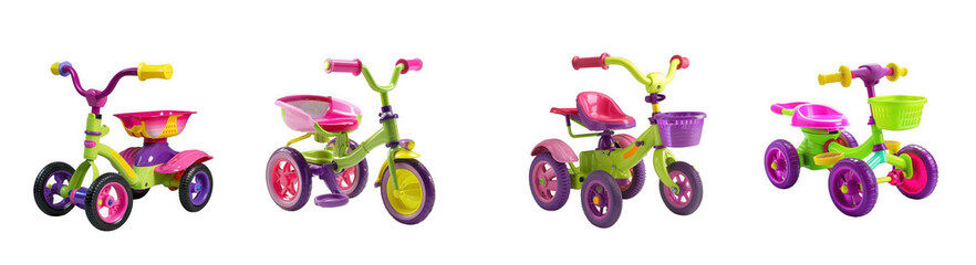 Colorful childrens tricycles and rideon toys arranged in a row with vibrant designs isolated on transparent background
