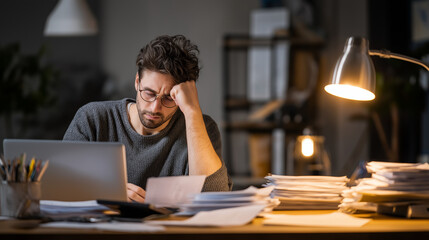 Obraz premium Man Worried While Doing Taxes at Home.
