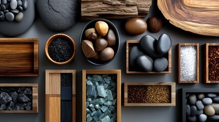 A collection of natural stones and wooden containers. These elements show a blend of textures and colors. Ideal for design inspiration or decor themes related to nature and simplicity. AI