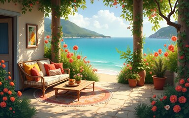 Summer array, vibrant colors, joyful scenes, cozy setting, inviting. High quality