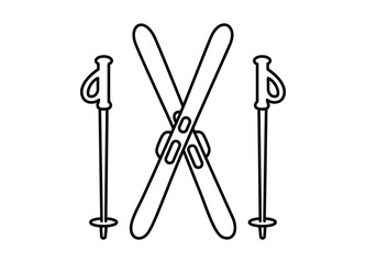 Simple black outline drawing of crossed alpine skis and ski poles representing winter sports activity