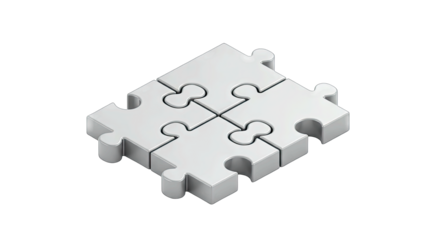 Four White Puzzle Pieces Interconnected on Transparent Background Representing Collaboration and Problem Solving