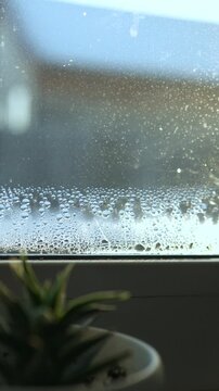 Condensation forms on a window in a living room, indicating high humidity. Maintaining proper ventilation helps prevent mold and fungal growth, contributing to better health.