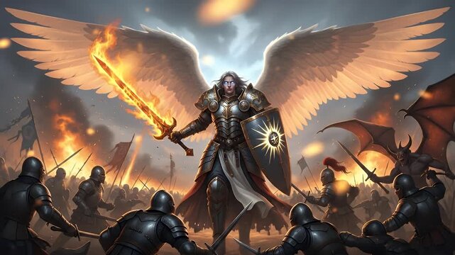 Angelic warrior with flaming sword and shield battles demons