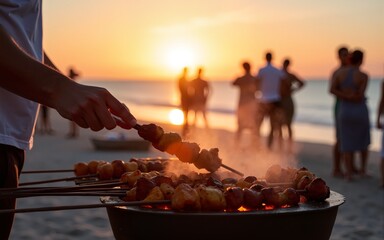 Beach barbecue with skewers grilling and people enjoying the sunset, creating a vibrant and festive atmosphere by the sea. High quality